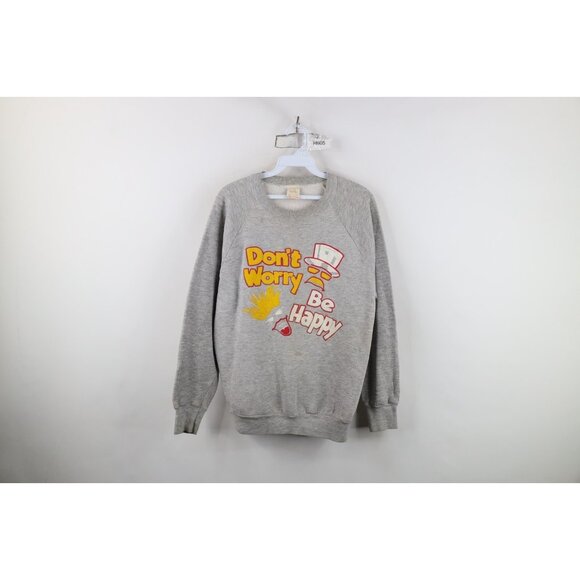 Vintage 80s 90s Streetwear Womens Large Don't Worry Be Happy Sweatshirt Gray USA - Picture 1 of 16